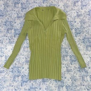 Ribbed Green 3/4 Sleeve Collared Top Y2K Aesthetic Retro Indie Artsy Alt Baddie